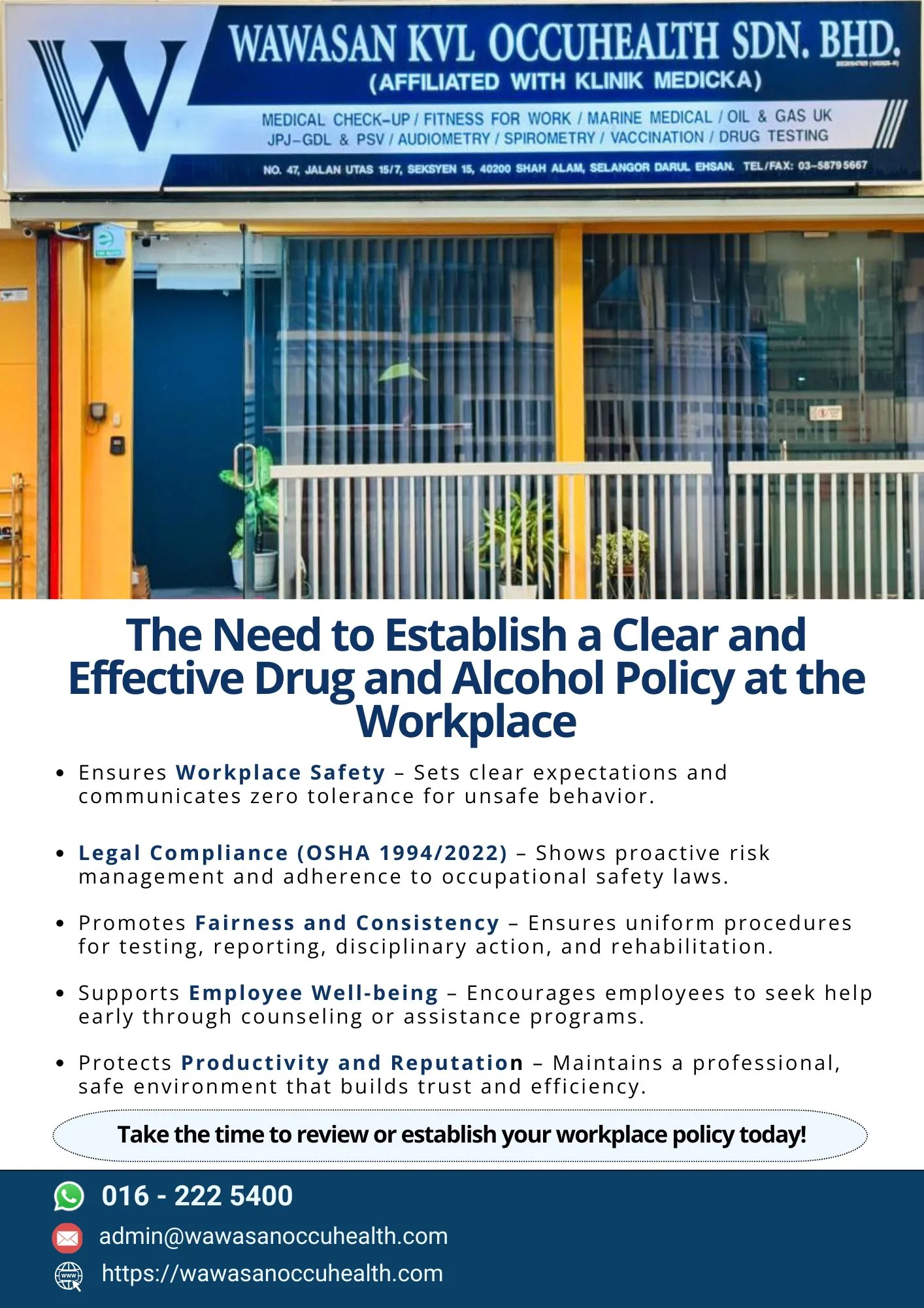 Workplace drug and alcohol testing for occupational health and workplace safety