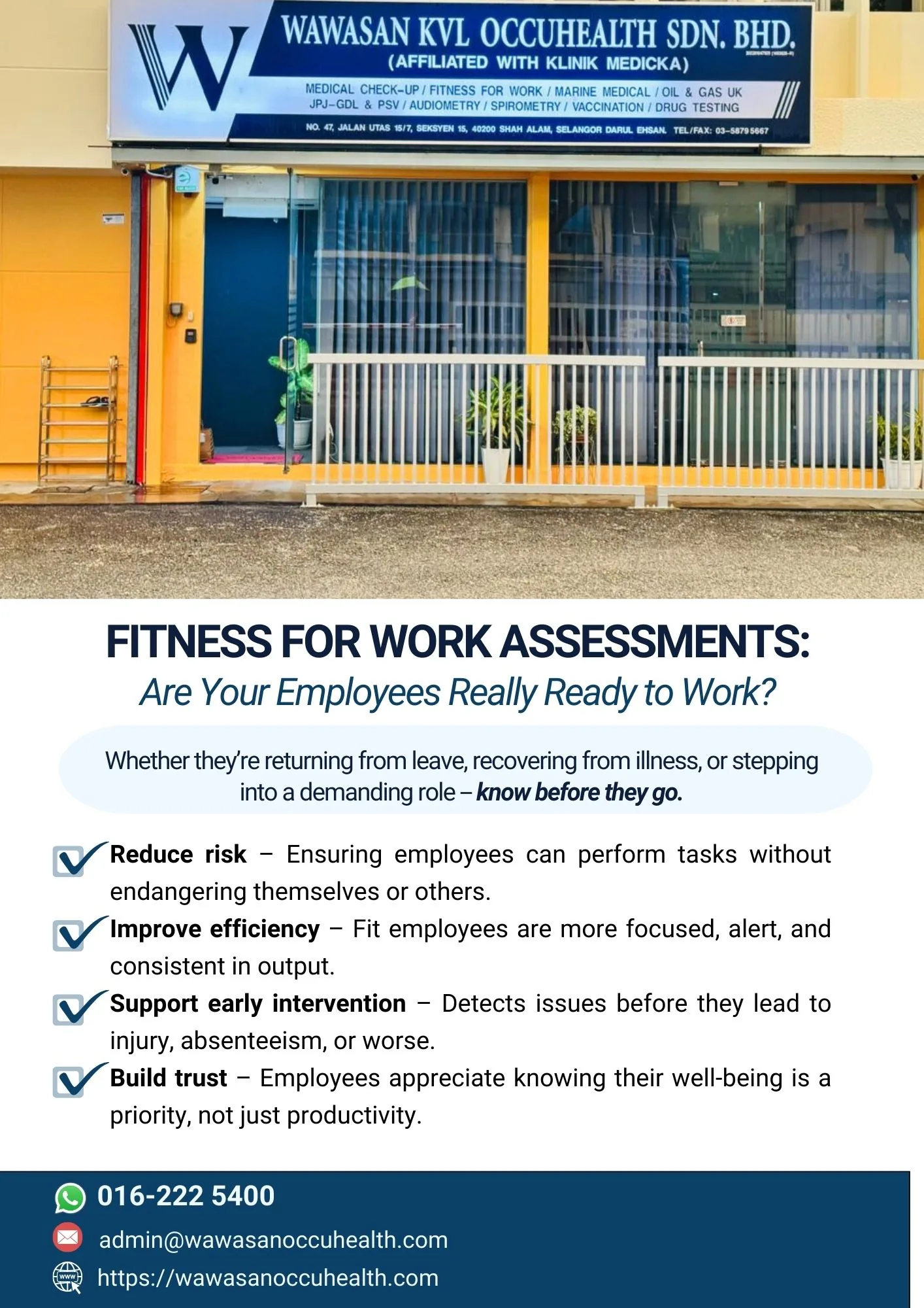 Fitness for work assessment for employees and workplace safety
